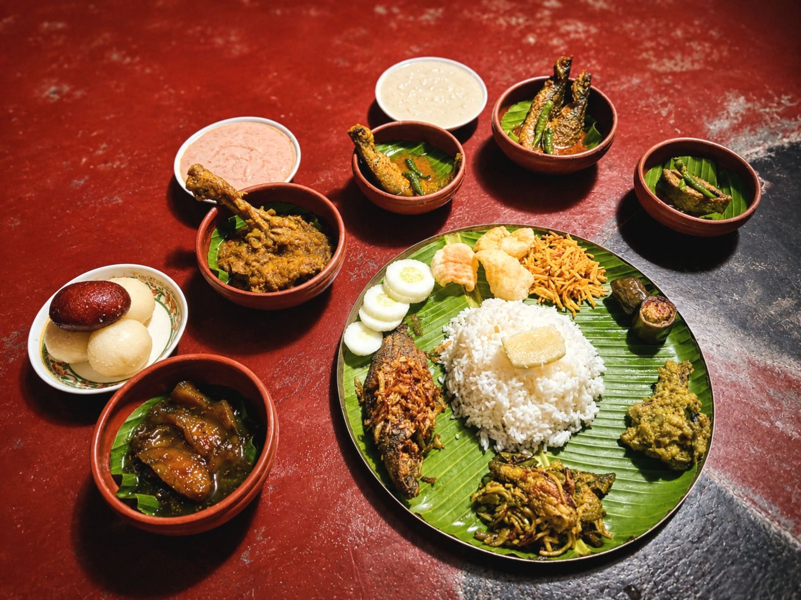 A vibrant spread of traditional Bengali dishes served on a banana leaf with rice and assorted curries.